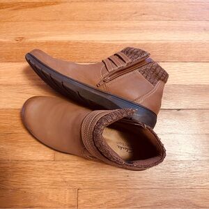 Clarks Carleigh Lane ankle boot in tan leather with a knit cuff